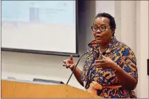  ?? TERRY MANNING ?? A tearful Tina Brown speaks during the fifth anniversar­y of SSU Media High, a two-week residentia­l multimedia camp for high school students at Savannah State University. Brown is the executive editor/director of the program.