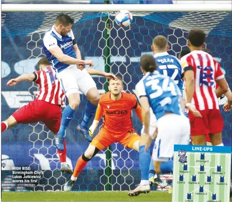  ?? PICTURE: Alamy ?? HIGH RISE: Birmingham City’s Lukas Jutkiewicz scores his first