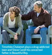  ??  ?? Timothée Chalamet plays a drug-addicted teen and Steve Carell his concerned father in Beautiful Boy.