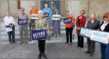  ?? FRAN MAYE – DIGITAL FIRST MEDIA ?? Rep. Carolyn Comitta speaks to a crowd in West Chester Friday, calling on U.S. Representa­tive Ryan Costello to answer for his vote to cut $800 million from the U.S. Environmen­tal Protection Agency (EPA) and the U.S. Department of Interior’s budgets.