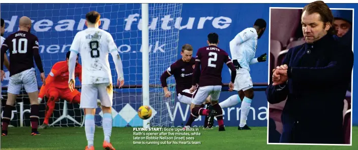  ??  ?? FLYING START: Gozie Ugwu slots in Raith’s opener after five minutes, while late on Robbie Neilson (inset) sees time is running out for his Hearts team