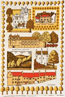  ??  ?? The 1970s saw the birth of a British tradition – the National Trust tea towel. Queen of the art was Pat Albeck, who designed more than 300 tea towels for them from the 1970s to the present day. Here she turns her illustrati­ve hand to various Scottish castles held by the Trust. 3