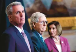  ?? ANDREW HARNIK/AP ?? The leaders of Congress — House Minority Leader Kevin McCarthy, left, Senate Minority Leader Mitch McConnell and House Speaker Nancy Pelosi — face challenges.