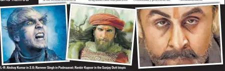  ??  ?? LR: Akshay Kumar in 2.0; Ranveer Singh in Padmaavat; Ranbir Kapoor in the Sanjay Dutt biopic