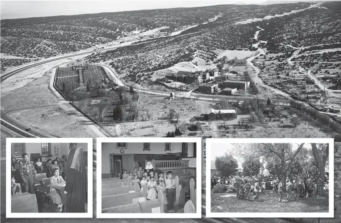  ??  ?? St. Catherine’s School, Rosario Chapel, and National Cemetery, circa 1950, photo Tyler Dingee, Neg. No. 074126; inset, left to right, students in classroom at St. Catherine’s, circa 1945, photo Tyler Dingee, Neg. No. 120234; Cochití Pueblo students at...