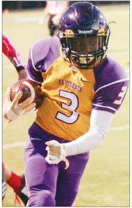  ?? MARK BUFFALO/RIVER VALLEY & OZARK EDITION ?? Mayflower juinor running back Deon Simmons carries the ball against Rose Bud in 2017. He rushed for 2,562 yards and 43 touchdowns for the Eagles, which went 11-1 in 2017. Simmons is the 2017 River Valley & Ozark Edition Offensive Player of the Year.