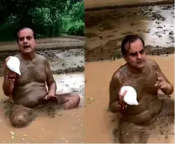  ??  ?? ABOVE: The conch-blowing MP Sukhbir Singh Jaunapuria in his puddle.