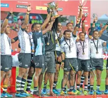  ?? Photo: Bruce Southwick/ZoomFiji ?? Fiji Airways Fijian 7s reps celebrate their win on February 4, 2018 at the Hamilton 7s. They were crowned champions after beating South Africa 24-17.