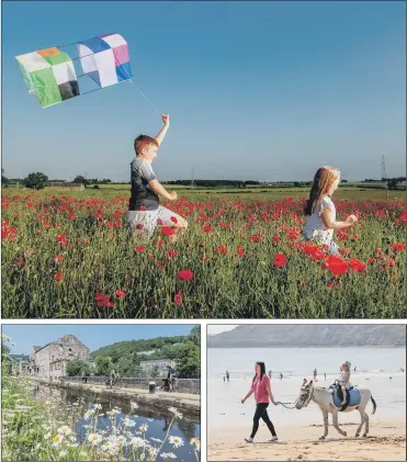  ?? PICTURES:JAMES HARDISTY/ PA ?? HERE COMES SUMMER: Oliver and Freya Hardisty, 11 and seven, of Tadcaster, playing with their kite in a field of poppies near Tadcaster; people enjoy a walk along the Rochdale Canal, in Hebden Bridge; making the most of the weather in Scarboroug­h.