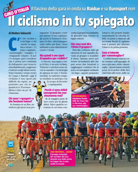  ??  ?? UNA PARTENZA... SACRA! Il gruppo compatto dei corridori del Giro durante una delle prime tre tappe che si sono svolte in Israele.
Salvatore Puccio
(28) del Team Sky si rifornisce alla sua «ammiraglia».