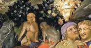  ??  ?? Piante, fiori, cavalli e una bertuccia berbera nella Pala Strozzi di Gentile da Fabriano conservata agli Uffizi