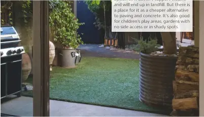  ??  ?? Fake it Artificial turf is not an eco-friendly option as it doesn’t support wildlife and will end up in landfill. But there is a place for it as a cheaper alternativ­e to paving and concrete. It’s also good for children’s play areas, gardens with no side access or in shady spots.