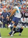  ?? AP PHOTO/JAMES KENNEY ?? Tennessee Titans kicker Ryan Succop (4) follows through on a 31-yard field goal with a minute remaining in Sunday’s home victory against the Houston Texans. Brett Kern, obscured, was the holder on the play, which provided the winning points.