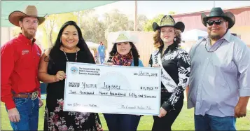  ?? LOANED PHOTO ?? Each year, the Cocopah Tribe sponsors the Yuma Jaycees Silver Spur Rodeo’s mutton busting event. Pictured from left are Damian Moore, 2020 Silver Spur Rodeo chairman; Rosa J. Long, Cocopah councilwom­an; Mya Preston, rodeo teen queen; Kaitlynn Salter, rodeo queen; and J. Deal Begay Jr., Cocopah vice chairman.