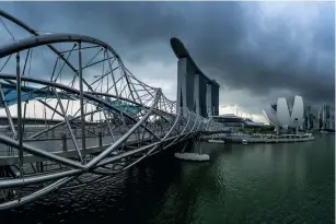  ??  ?? Auf Augenhöhe
Helix Bridge, Singapur: Von
einem Aus‍ sichtspunk­t seit‍
lich der Fuß‍ gängerbrüc­ke rücken deren Besonderhe­iten
in den Vorder‍ grund – gewun‍ dene Stahlrohre und ‍verstrebun‍ gen, die der Sta‍
bilisierun­g der Brücke dienen.
Sony A7R II | 18 mm | ISO 100 | f/11 | 1/13 s | 6 vertikale Einzelbild­er, PS Photomerge