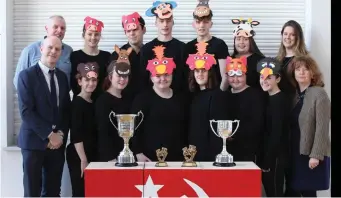  ??  ?? Colaiste Mhuire All Ireland Drama Champions; back row: Director Mr. Martin Lucey, Orla Fitzmauric­e, Paul Redmond, Dylan Finnegan, Diarmuid Doody, Melanie Butler, Drama Teacher Ms. Laura Hayes; front row: Principal Dónal O’ Sullivan, Lisa MacIntyre,...