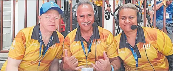  ?? Picture: SUPPLIED ?? The author highlights the major shift in Fiji as more women make remarkable strides in the traditiona­lly male-dominated field of sports commentary. Local TV commentato­r Asinate Wainiqolo with two internatio­nal journalist in the Pacific Games 2019.