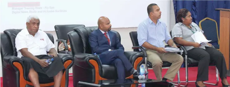  ?? Photo: Kathrin Krishna ?? From left: Fiji Sun managing editor - Training Nemani Delaibatik­i, Fiji Human Rights and Anti-Discrimina­tion Commission director Ashwin Raj, CFL news director Vijay Narayan and Fiji Times Deputy Editor-in-Chief Elenoa Baselala during the Press Freedom...