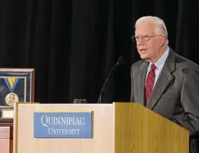  ?? Quinnipiac University/Contribute­d photo ?? Former President Jimmy Carter speaks during a visit to Quinnipiac University in September 2007.