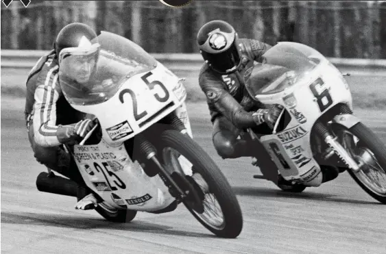  ??  ?? ABOVE: Tait, on a 750 Trident, leads Barry Sheene on a 500cc Shellsport Suzuki in 1973 at Silverston­e