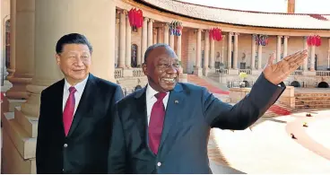  ?? /Elmond Jiyane/ GCIS ?? Greetings: President Cyril Ramaphosa welcomes Chinese President Xi Jinping at the Union Buildings in Pretoria on Tuesday. Xi is on an official visit to the country and he will also attend the Brics summit.