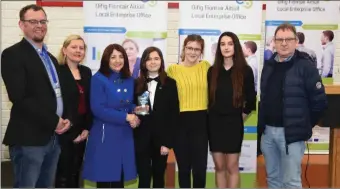  ??  ?? Joan Kelleher (LEO) presenting a ‘Best Innovation’ award to the team from Colaiste An Chraoibhín, Fermoy for their ‘Nok Nok’ project, with Gary Lowe, and judges Cathy Fitzgerald and Donal Murphy.