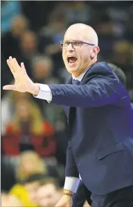  ?? Stephen Dunn / Associated Press ?? UConn coach Dan Hurley directs his team against UMass-Lowell on Nov. 27 in Storrs.