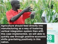  ??  ?? Agricultur­e should feed directly into manufactur­ing as a way of fostering vertical integratio­n system then with this case implemente­d, we will able to quickly see through positive economic shifts gravitatin­g positively in this nation.