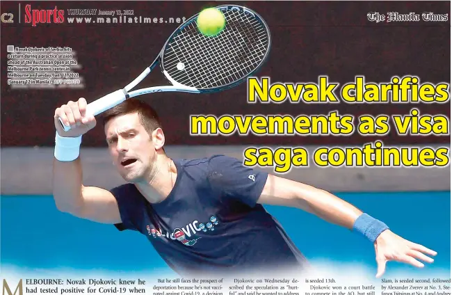  ?? AFP PHOTO ?? Novak Djokovic of Serbia hits a return during a practice session ahead of the Australian Open at the Melbourne Park tennis center in Melbourne on Tuesday, Jan. 11, 2022 (January 12 in Manila).