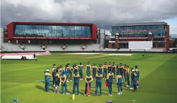  ?? AP ?? Pakistan team huddle during a nets session at Old Trafford in Manchester. Pakistan are ready to play their first Test against England, beginning from today.