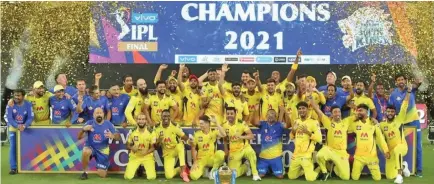  ?? Photo: ANI ?? Chennai Super Kings players celebrate after winning the Indian Premier League competitio­n at the Dubai Internatio­nal Stadium on October 15, 2021.