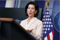  ?? EVAN VUCCI — THE ASSOCIATED PRESS FILE ?? In this April 7, 2021, file photo Commerce Secretary Gina Raimondo speaks during a press briefing at the White House in Washington. Raimondo estimates she has talked to more than 50business leaders about the $2.3 trillion infrastruc­ture package that includes corporate tax increases, She is encouragin­g companies to focus on the entire package instead of the tax increases.