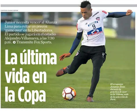  ?? CORTESÍA DIARIO DEPOR ?? El uruguayo Jonatan Álvez durante la práctica de ayer en la Videna, sede de la selección de Perú.