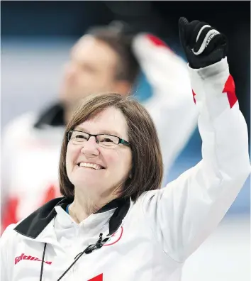  ?? LINNEA RHEBORG/GETTY IMAGES, ?? Moose Jaw’s Marie Wright waves to the fans after winning the Curling Mixed Bronze Medal for Canada at the Pyeongchan­g 2018 Paralympic Games on Saturday in South Korea.