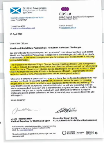  ??  ?? The leaked letter signed by Health Secretary Jeane Freeman