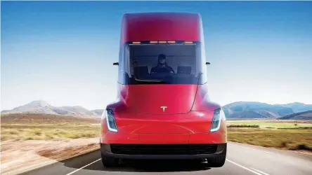  ?? [TESLA VIA AP] ?? This photo provided by Tesla shows the front of the new electric semitracto­r-trailer unveiled on Thursday. The move fits with Tesla CEO Elon Musk’s stated goal for the company of accelerati­ng the shift to sustainabl­e transporta­tion.