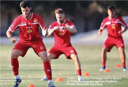  ??  ?? Malta's Jean Paul Farrugia trains ahead of Malta's big game against England. Photo: Domenic Aquilina