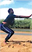  ??  ?? Greenfuel player Tsitsi Mhlanga going through her training session on the banks of Save River in Chisumbanj­e