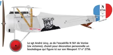  ??  ?? Le sgt André Lévy, as de l’escadrille N 561 de Venise (six victoires), choisit pour décoration personnell­e un bouledogue qui figure ici sur son Nieuport 17 n° 2756.