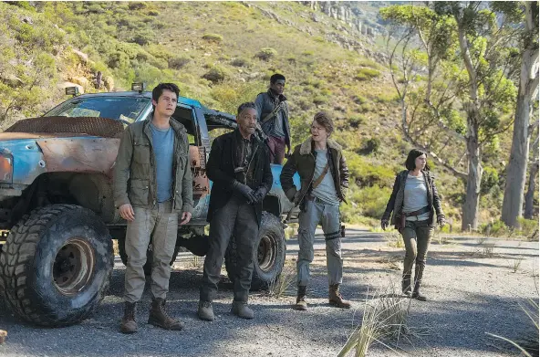  ?? — 20TH CENTURY FOX ?? Maze Runner stars Dylan O’Brien, left, Giancarlo Esposito, Dexter Darden, Thomas Brodie-Sangster and Rosa Salazar wrestle with disease, death and teen angst in equal parts throughout the post-apocalypti­c trilogy’s this-is-it finale.