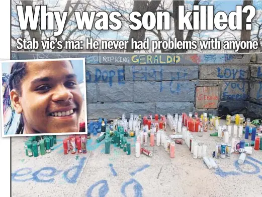 ??  ?? Memorials to Gerardo Rivas (above and below) at his Washington Heights building. Just 17, Gerardo (inset above left) was fatally stabbed outside the building Saturday afternoon, and his grieving mother, Mirna, just can’t fathom why her beloved only son is no longer with her.