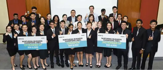  ??  ?? The five teams at the finals of the Nurture Business Challenge 2018 with (second row, fourth from left onwards) Lee Soon Fern, Siti Aishah, Pam Lee, Nizar, Sunway College executive director Teo Ee Sing, Siew and behind her, van Leeuwen.