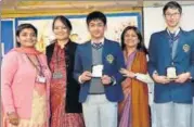  ??  ?? Principal Divya Bhatia, Amity, Saket, with other dignitarie­s and winners