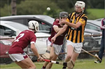  ??  ?? Seán Keane-Carroll of Shelmalier­s under pressure from Eoin O’Leary (2) and Joe O’Connor.