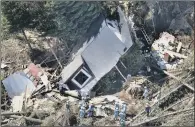  ??  ?? Police search missing for persons around houses destroyed by a landslide after the earthquake in Atsuma town, Hokkaido.