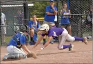  ?? STAN HUDY - SHUDY@DIGITALFIR­STMEDIA.COM ?? Ballston Spa base runner Ana Gold dives towards home in the fifth inning Saturday morning against East Meadow during the NYSPHSAA Class AA semifinal. She was called out on the play.