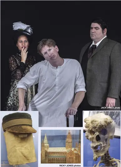  ?? JACK GRACE photo ?? Photos clockwise from main: Hoku Pavao Jones (from left), Ricky Jones and Francis Tau‘a star in Bernard Pomerance’s multi award-winning play, “The Elephant Man,” opening Sept. 22 at the ProArts Playhouse in Kihei; Joseph Merrick’s actual skull, exquisitel­y crafted model of Merrick’s “home” and the “hood” he wore as displayed at the Royal London Hospital. RICKY JONES photos