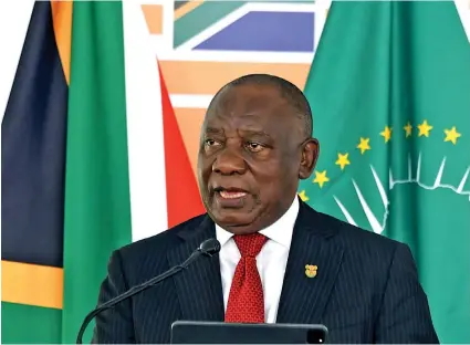  ?? / @MYANC ?? President Cyril Ramaphosa addressing the masses during Freedom Day celebratio­ns at the Union Buildings in Pretoria yesterday.