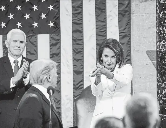  ?? DOUG MILLS NYT ?? Nancy Pelosi applauds during President Donald Trump's State of the Union address. When Pelosi clapped, many social media users declared her the queen of shade.