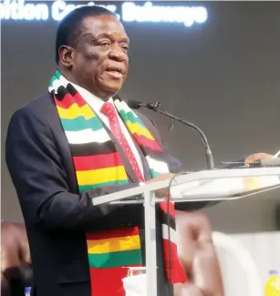  ??  ?? President Mnangagwa addresses delegates at the launch of the Zimbabwe National T rade Policy Vision and Export Promotion Strategy and the 2019 ZimTrade Annual Exporters conference at ZITF in Bulawayo yesterday.— Picture: Eliah Saushoma